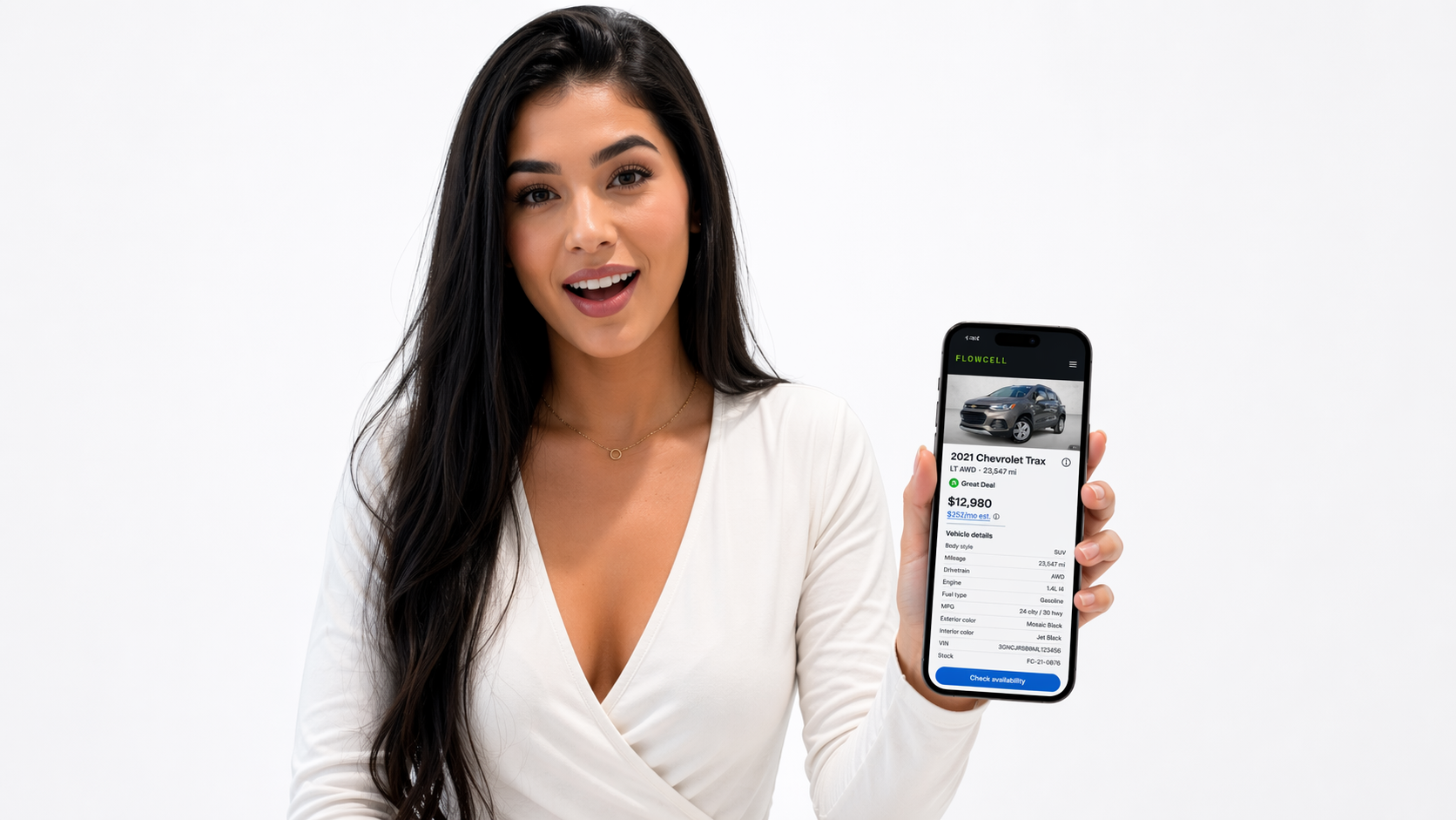 Flowcell hero creative with woman holding phone